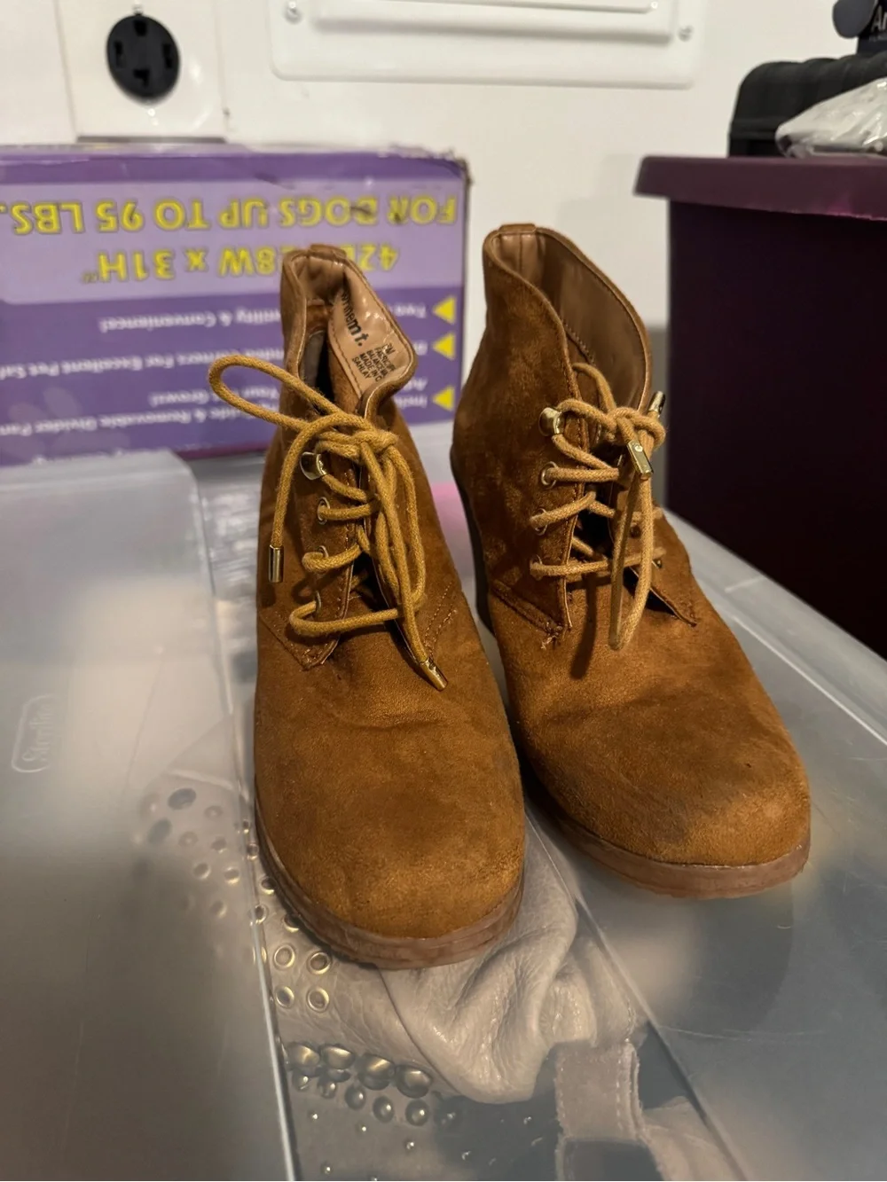 Women's Tan Suede Wedge Booties - Lace-Up Comfort size 6